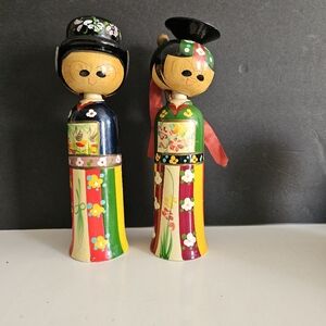 Vintage Korean Wedding Large Kokeshi Dolls 8.5in Mid-century Vibrant Colors